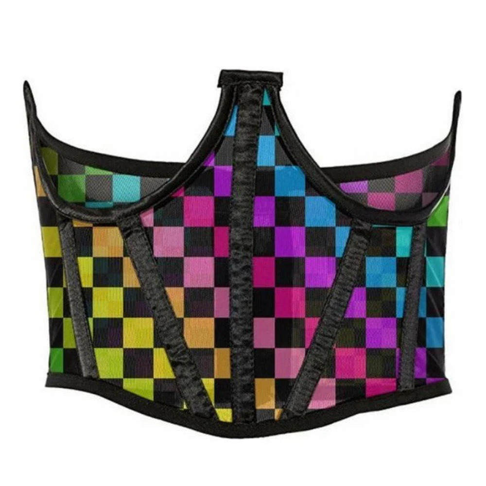 🦋B2G1🦋DAISY CORSETS Lavish Rainbow Checkers Print Mesh Open Cup Waist Cincher M